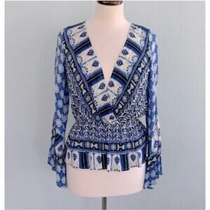 Free People Rosalie Indigo Blue Boho Wrap Top Bell Sleeve Peplum Blouse XS
